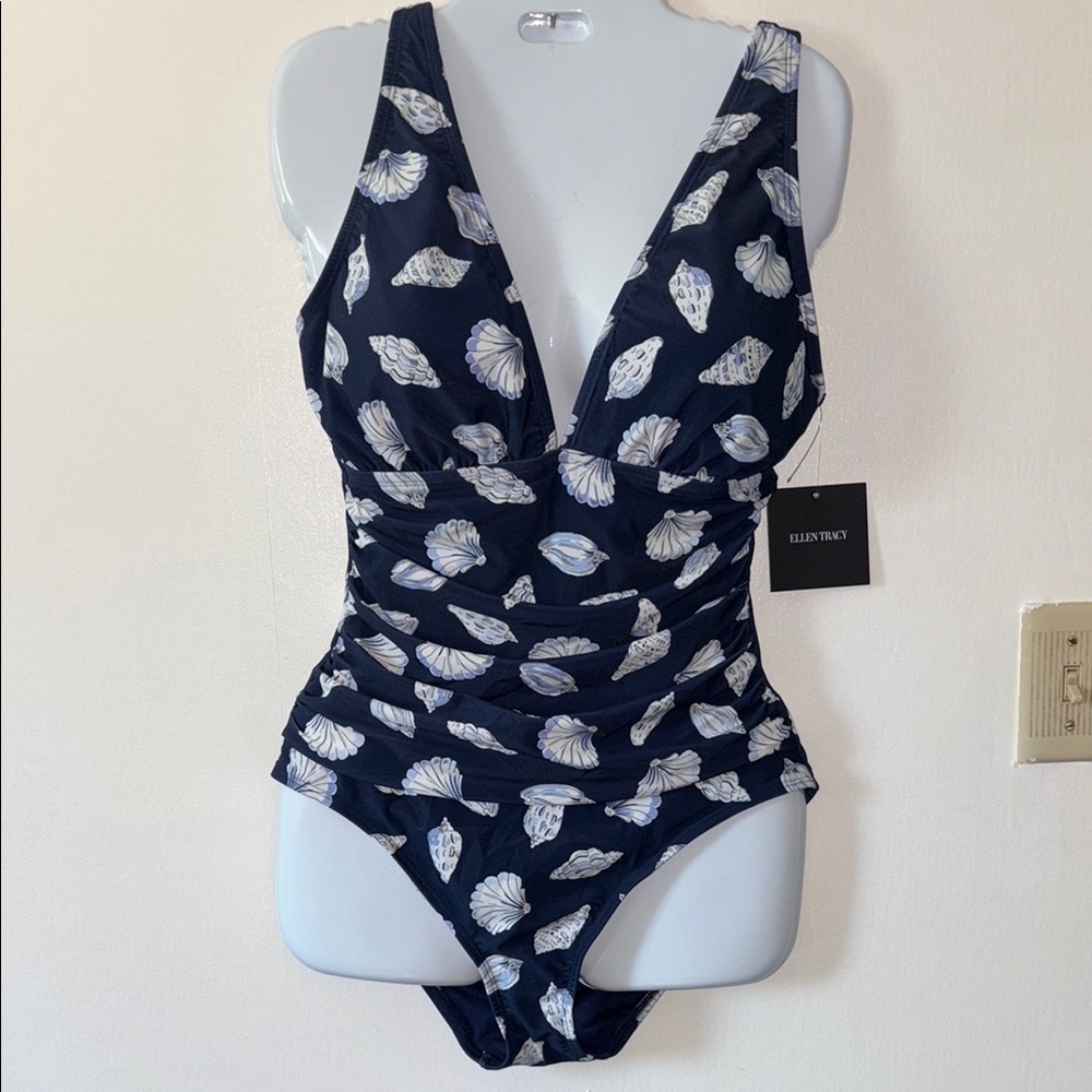 Ellen Tracy Dark Blue Shell Pattern Swimsuit - image 1